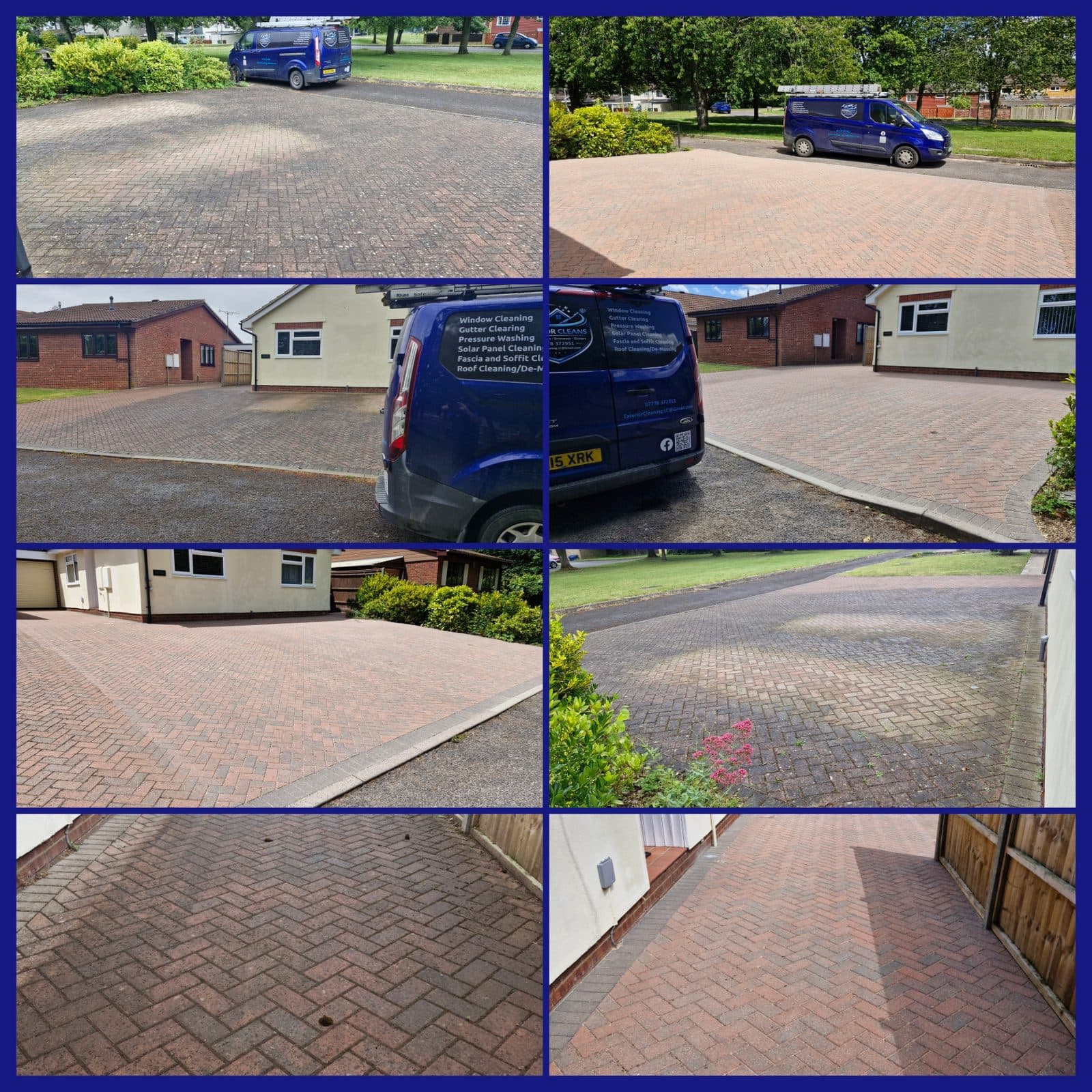 Block-paved driveways, shown before and after cleaning.