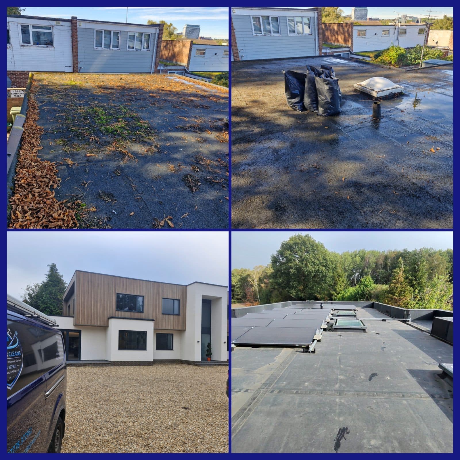 Flat roofs shown before and after: mossy and dark, then washed clean.