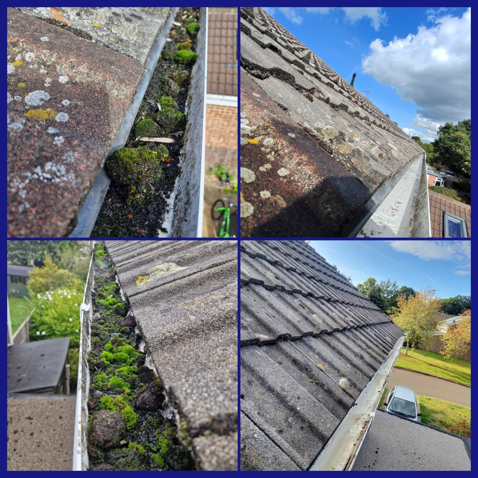 Gutters shown before and after: packed with moss, then cleared.